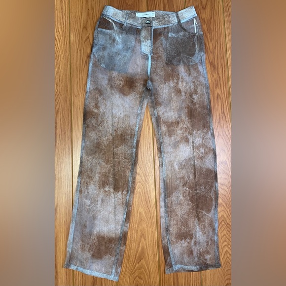 Simonett Pants - Simonette High Rise Straight Sheer Pants Blue & Brown Size Medium